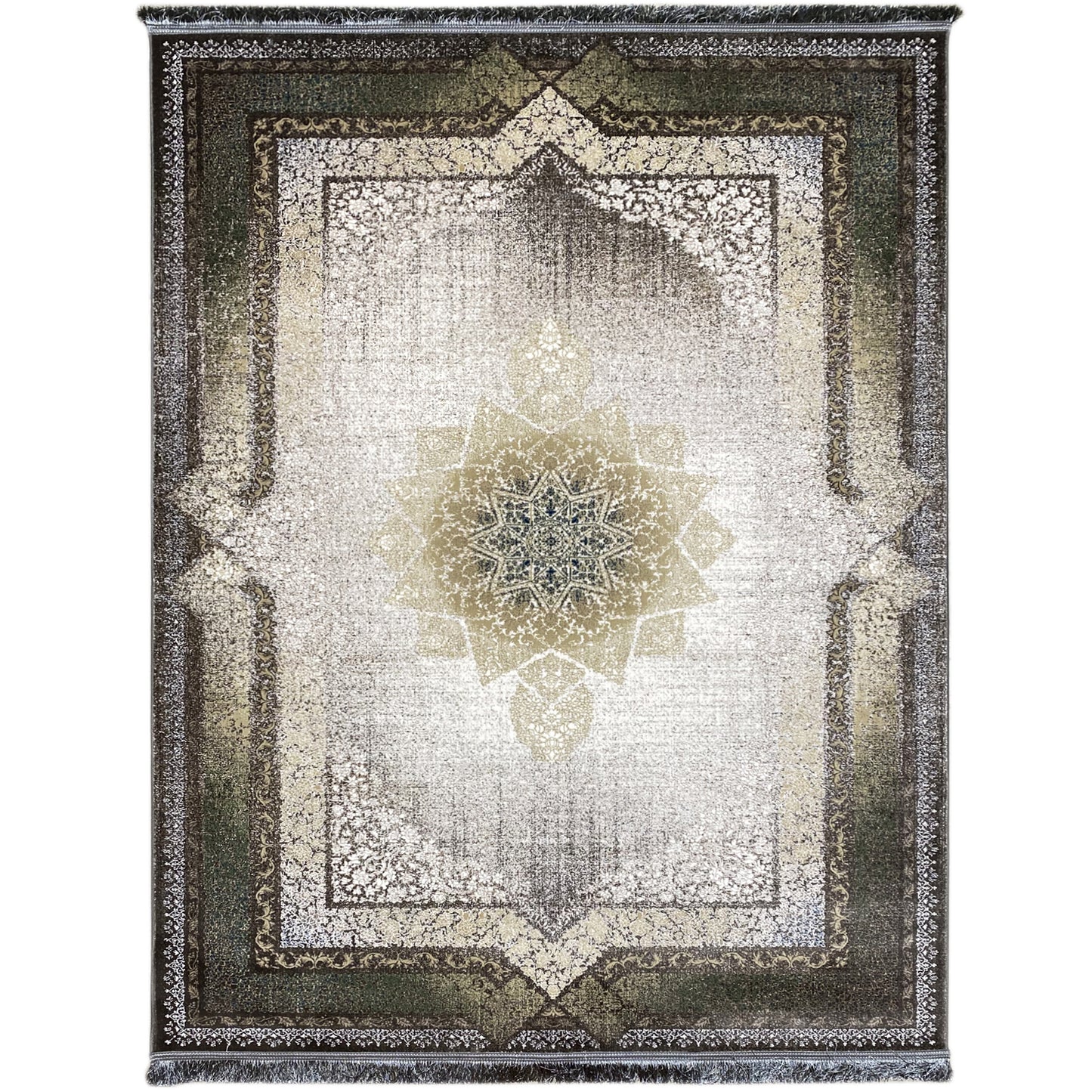 Klassischer Teppich in Rauchgrün und Grau mit Sternmuster.