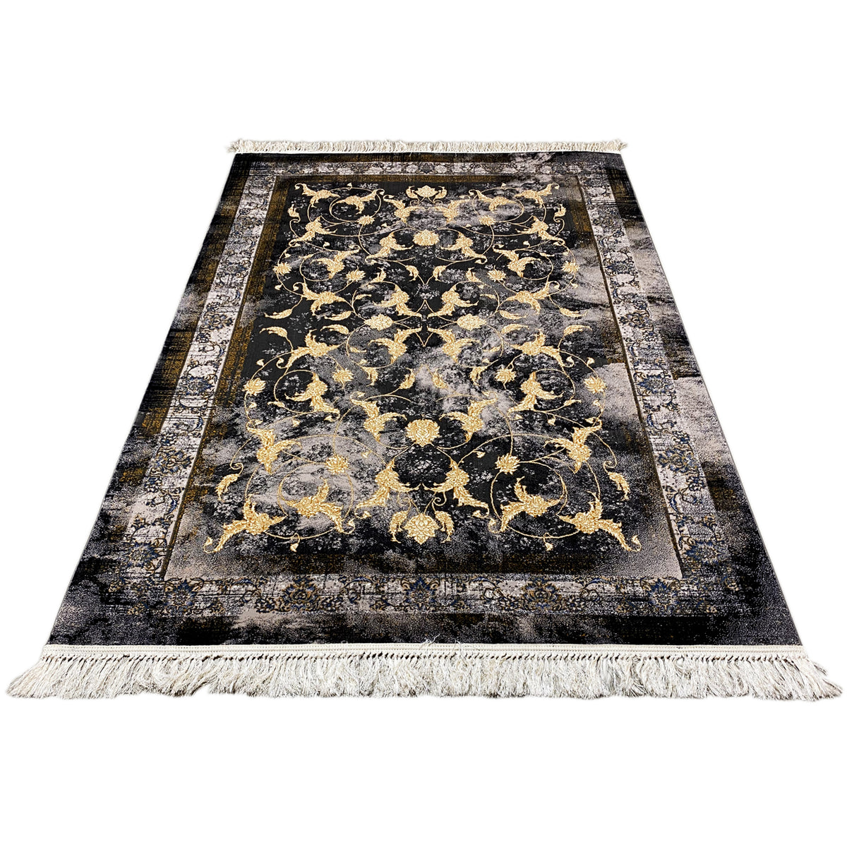 Kenzaラグ 160x230 cm:金色のオーナメントとフリンジ縁飾りが施された全面ラグ