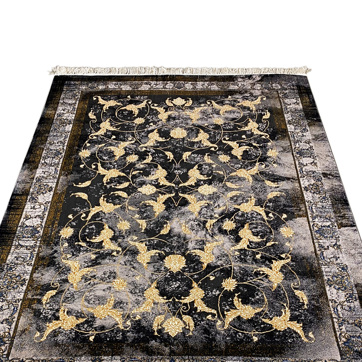 Kenzaラグ 160x230 cm:ダークな背景に映える花柄ゴールド模様のクローズアップ