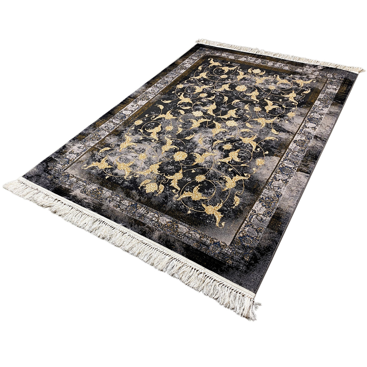 Kenzaラグ 160x230 cm:長方形、ダークな地色、ゴールドの模様、フリンジ