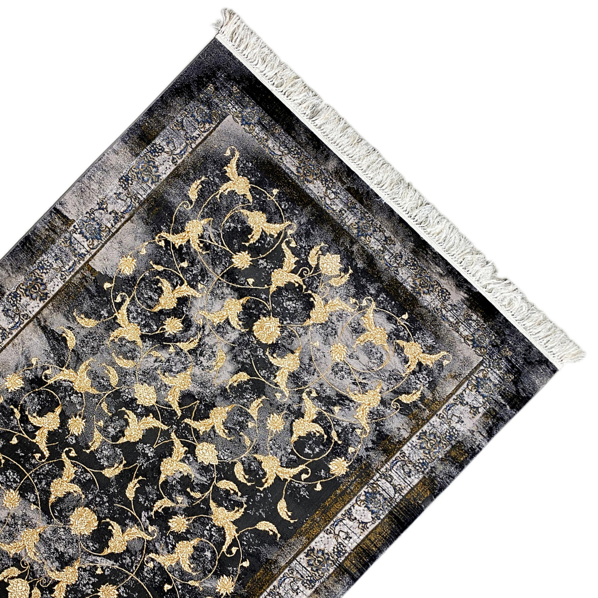 Kenzaラグ 160x230 cm、斜めから見た様子:金色の装飾が施されたダークカラーの毛足