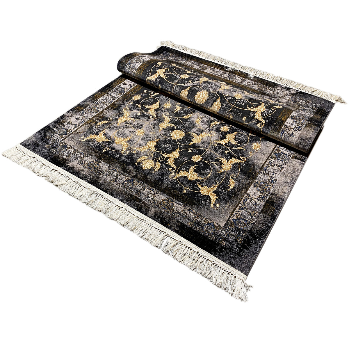 ケンザラグ 160x230 cm:ロール状、金色のオーナメントがあしらわれた濃い色の柄、フリンジ付き