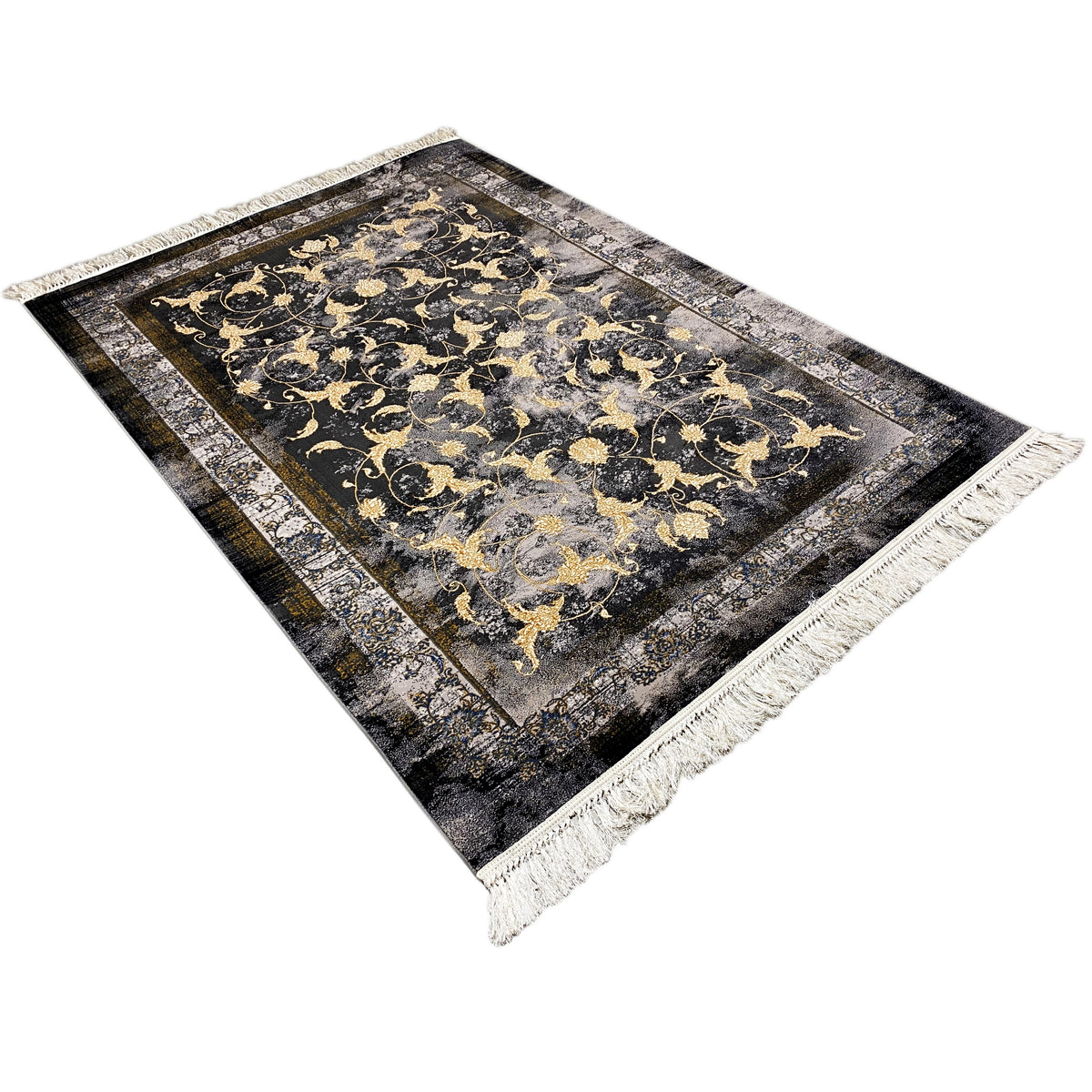 Kenzaラグ 160x230 cm:斜め配置、ゴールドのバロック装飾、フリンジ