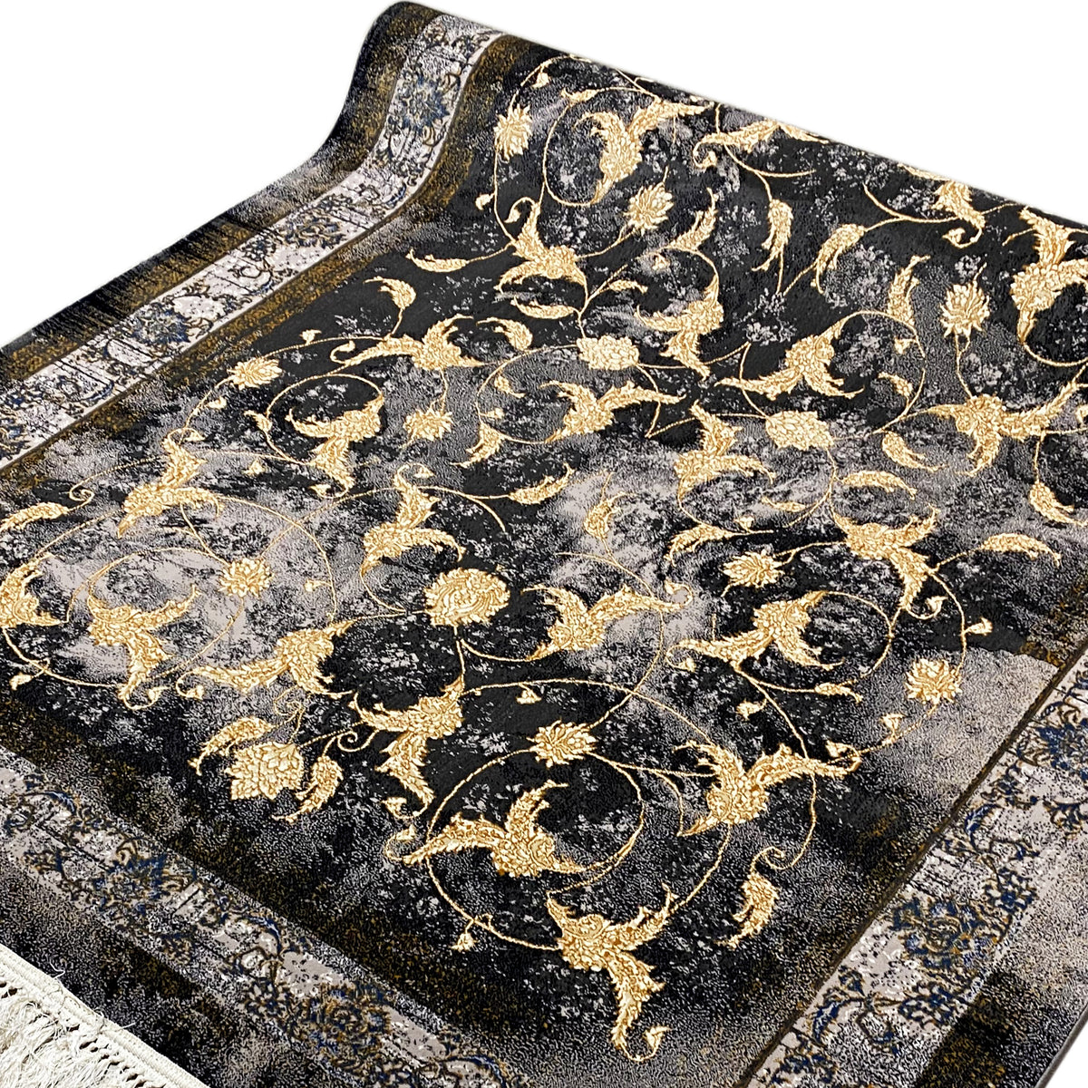 カーペット 160x230 cmの詳細:暗くメランジ調の地に金色の装飾模様