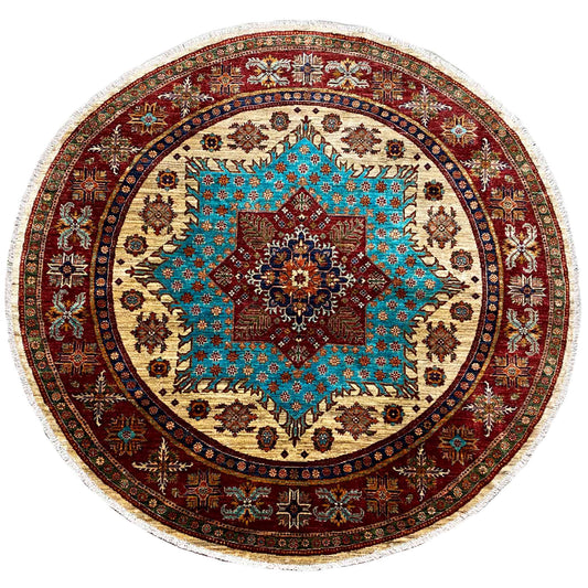 Türkis & Roter Runder Kazak Teppich, 204x204 cm - German Carpet Shop