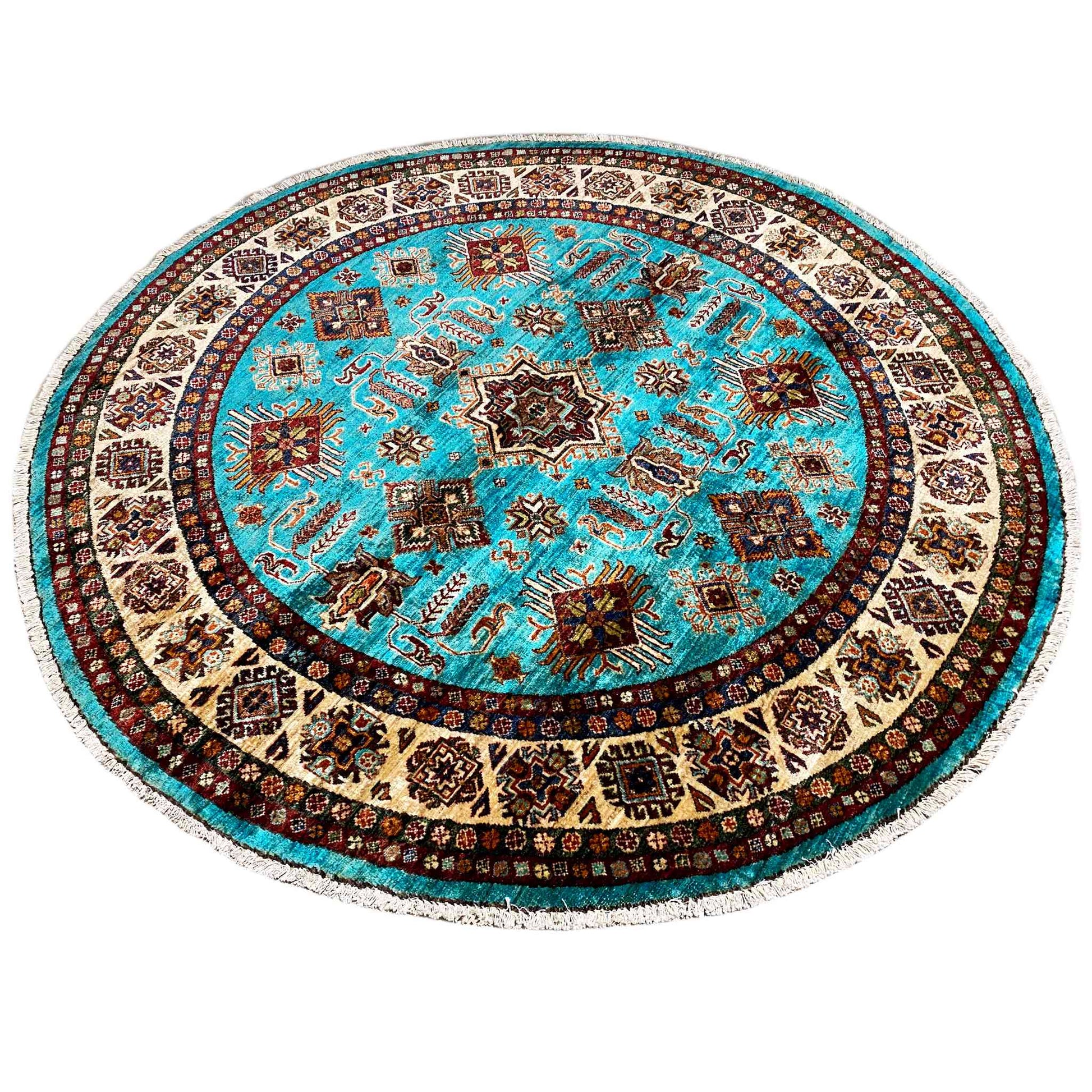 Türkisfarbener Runder Kazak Teppich, 177x180 cm - German Carpet Shop