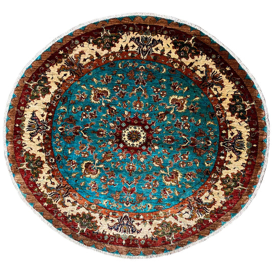 Türkis & Beiger Runder Kazak Teppich, 204x204 cm - German Carpet Shop