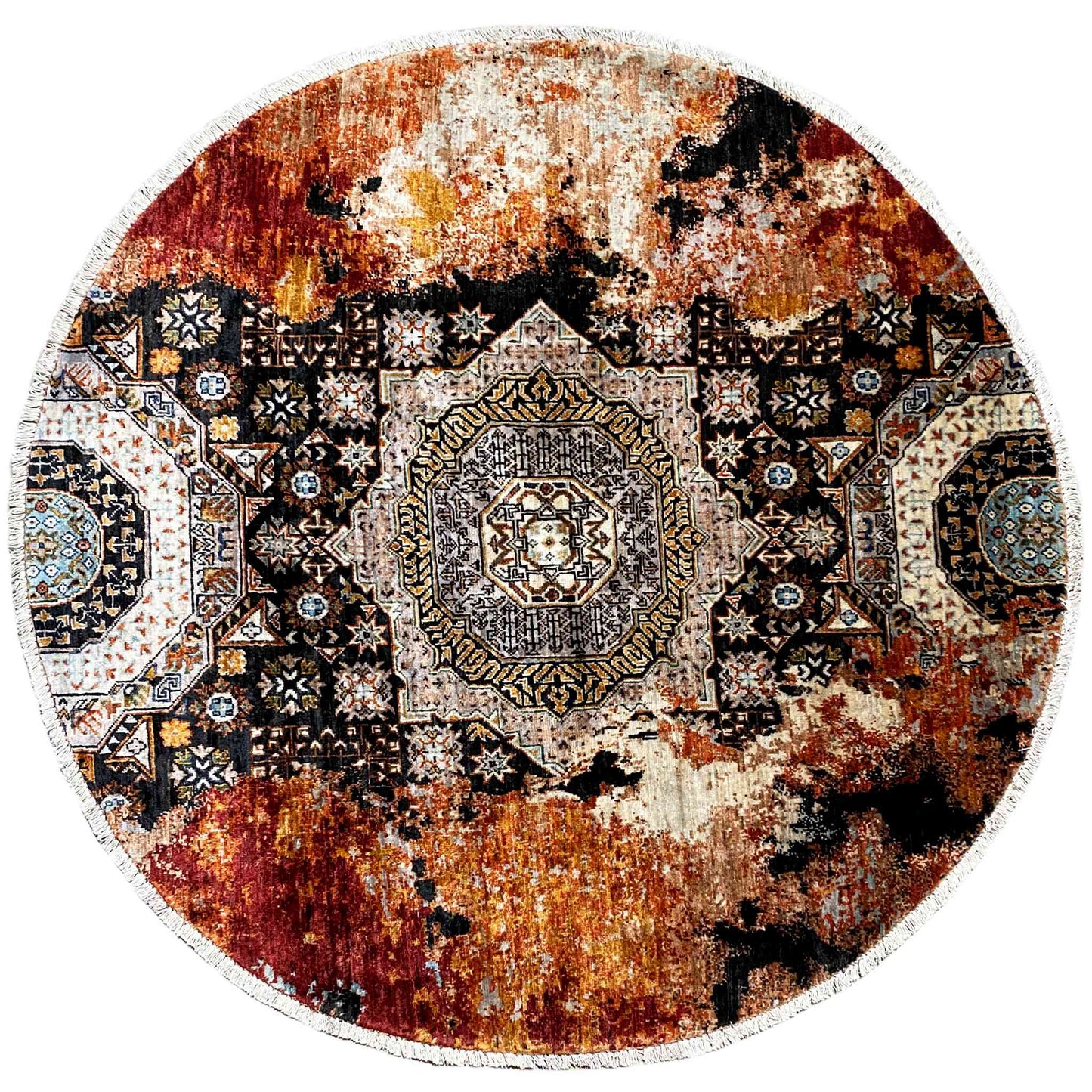 Afghanischer Mamluk Runder Handgeknüpfter Teppich Rot Beige 156x155 cm - German Carpet Shop