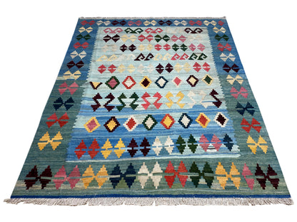 Kelim Teppich aus handversponnener Wolle, Qashqai Design, 199x158 cm