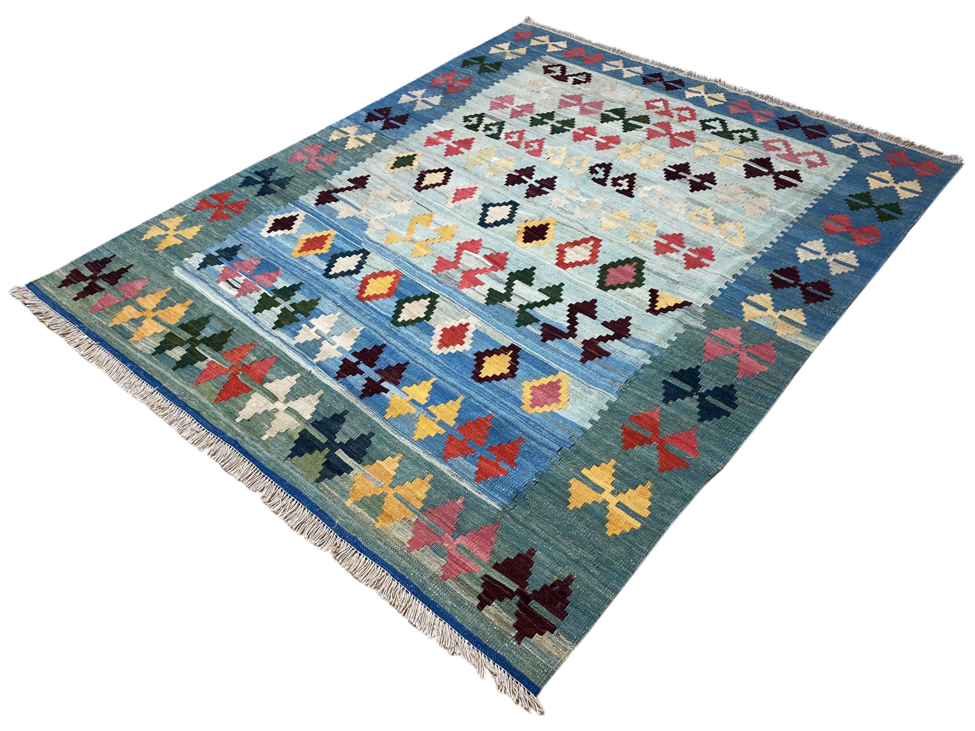 Boho Kelim Qashqai Teppich blau mit Ethno-Muster im Flachgewebe