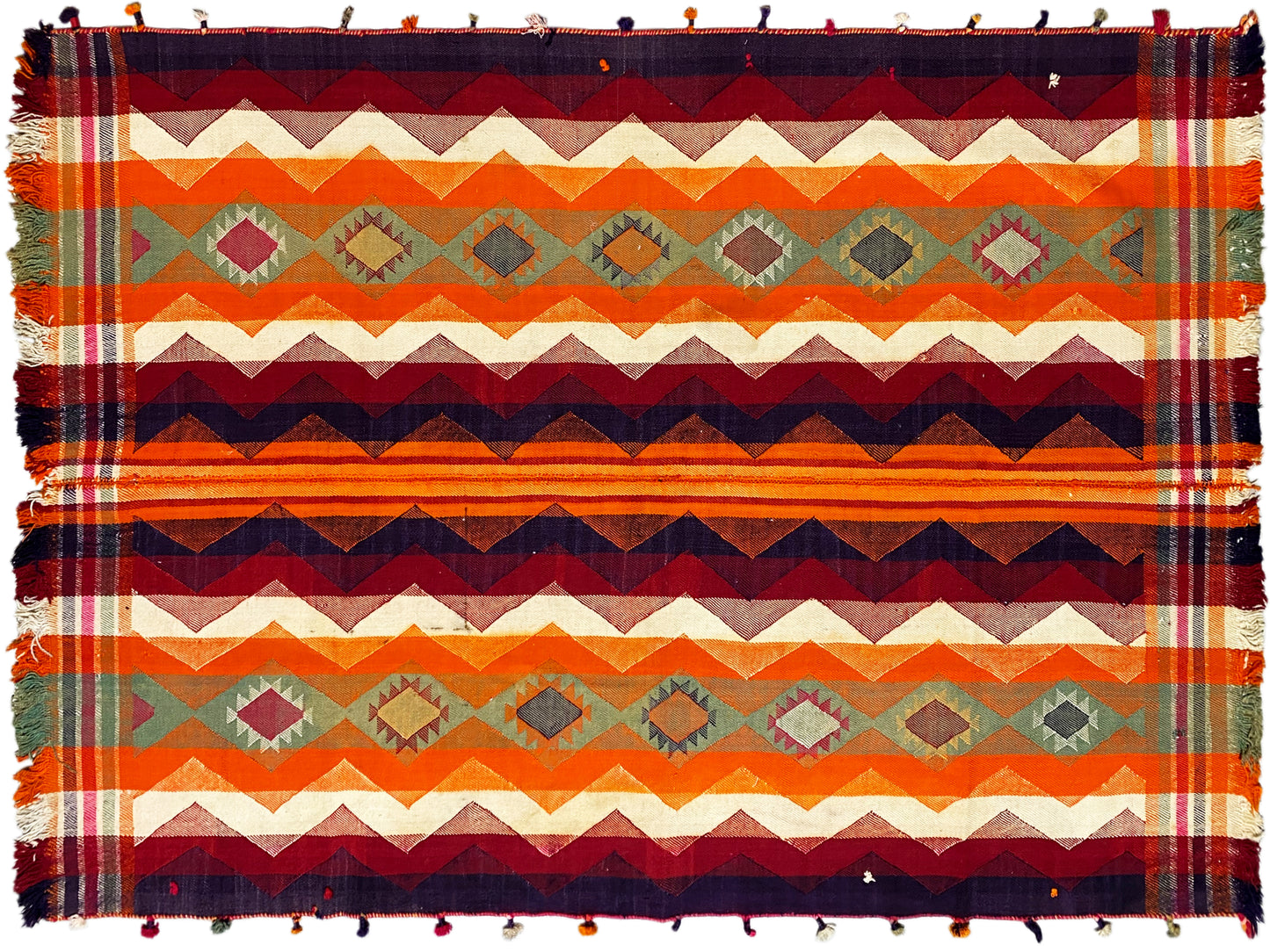 Salon Boho Jajim Teppich aus Wolle mit kräftigen orange-roten Mustern