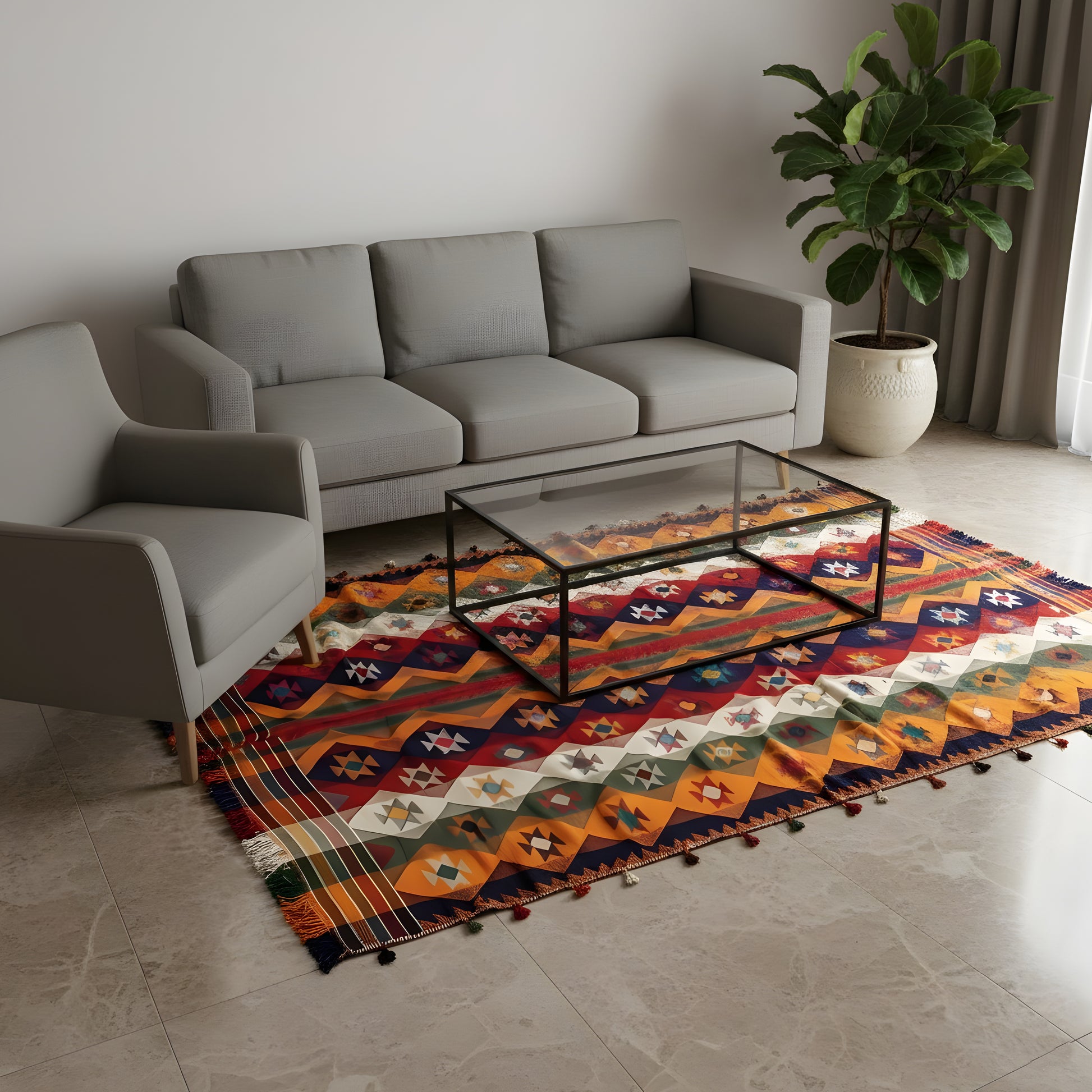 Schlafzimmer farbenfroher Jajim Wollteppich im lebhaften Boho-Stil