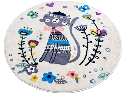 丸型子供用絨毯 猫、ホワイト、100 cm