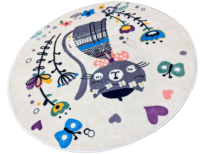 丸型子供用絨毯 猫、ホワイト、100 cm