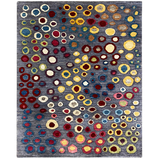グレーの地にカラフルな円形と楕円形の模様があしらわれたガッベ・ルリ絨毯、205x147 cm