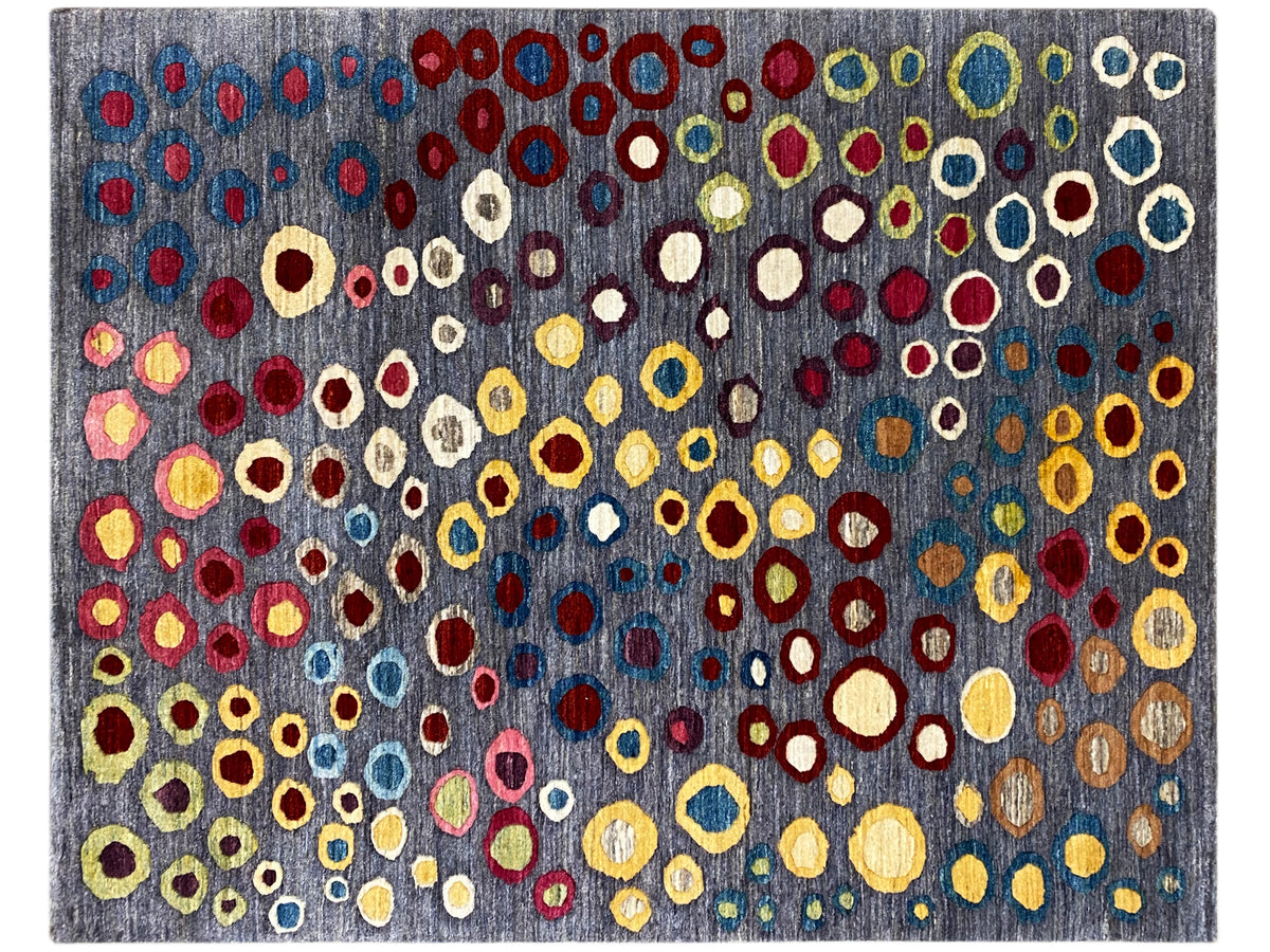 Gabbeh-Luri-Teppich mit grauem Grund und Farbklecksen aus Kreisen und Ovale, 205x147 cm