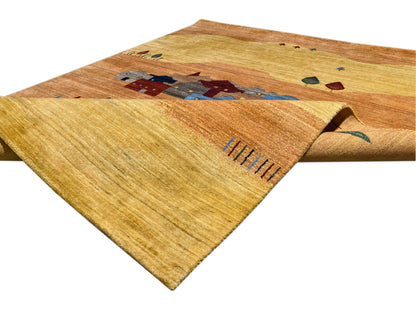 Teppich mit Ecke, Reihenmarkierungen am Rand und Dorfmotiv in Blau und Rot