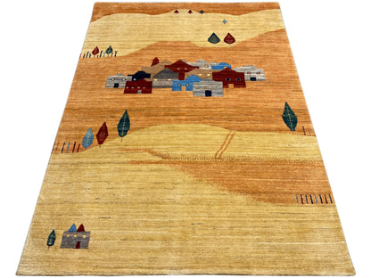Gabbeh-Luri-Teppich rechteckig mit zentraler Häuser- und Bordüren-Grafik in Braun, Blau, Rot