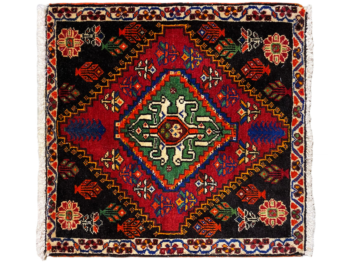 ポシュティ絨毯 56x56 cm、緑と青の中央フィールドがある正方形の柄