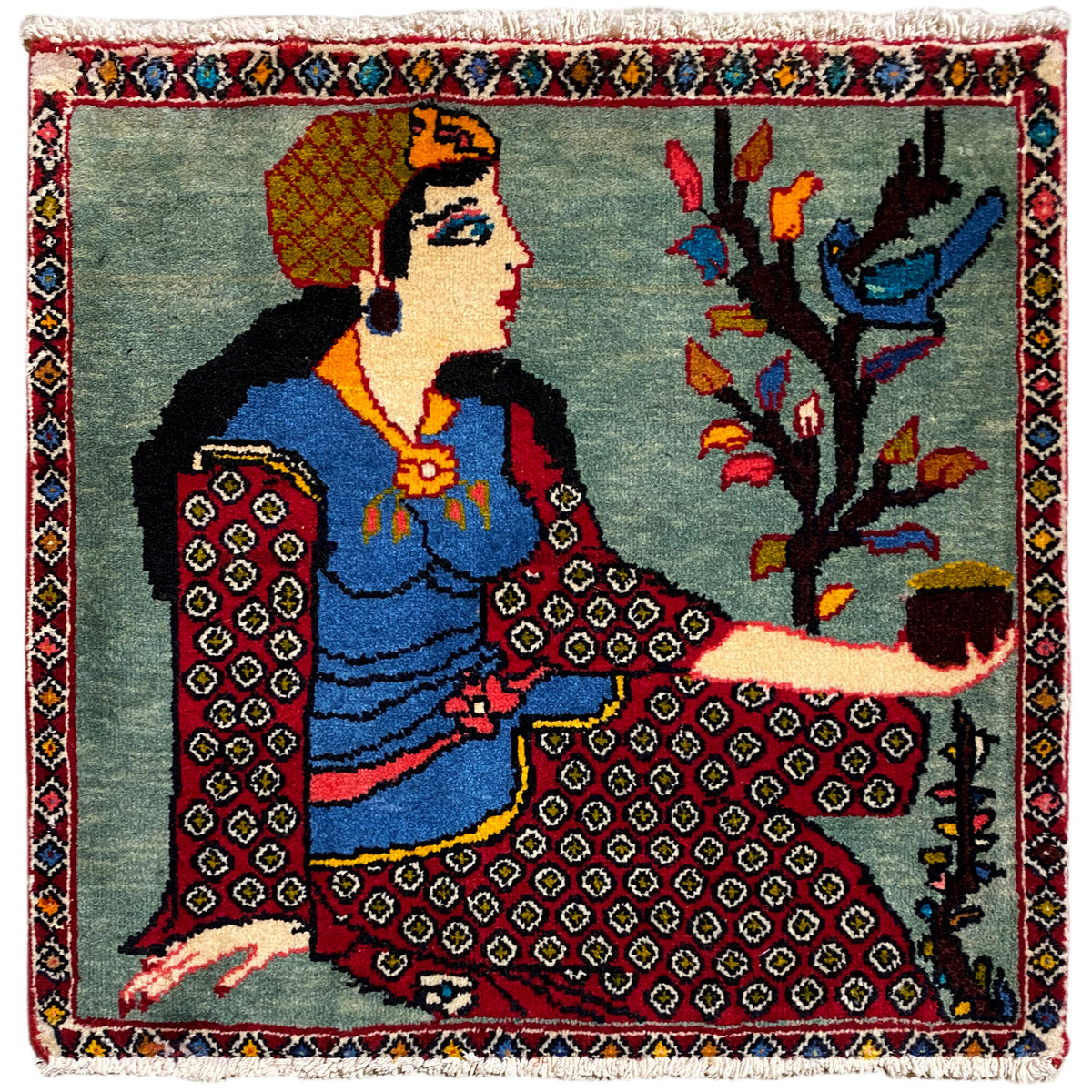 Poshtiラグ 68x63 cm、人物・木のモチーフ、多色ボーダー、フリンジ付き