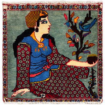 Poshtiラグ 68x63 cm、人物・木のモチーフ、多色ボーダー、フリンジ付き
