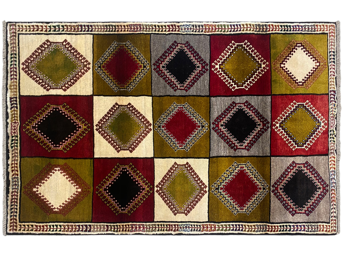 Orientteppich flach gewebt mit Rauten-Mosaik, mehrfarbige Quadrate, bestickte Bordüre