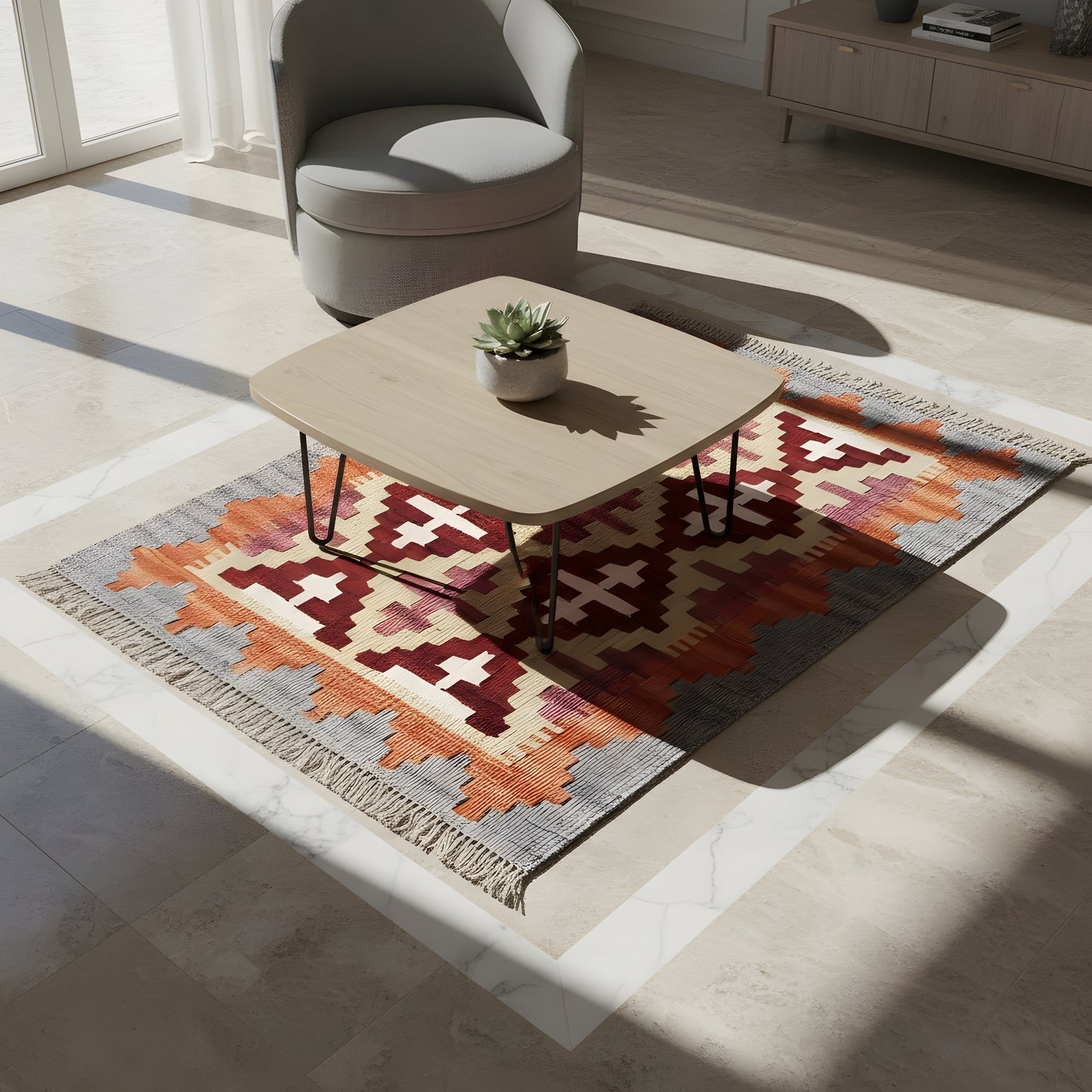 Wohnzimmer Kelim Qashqai Teppich aus Naturwolle, geometrisches Design in Rot und Orange