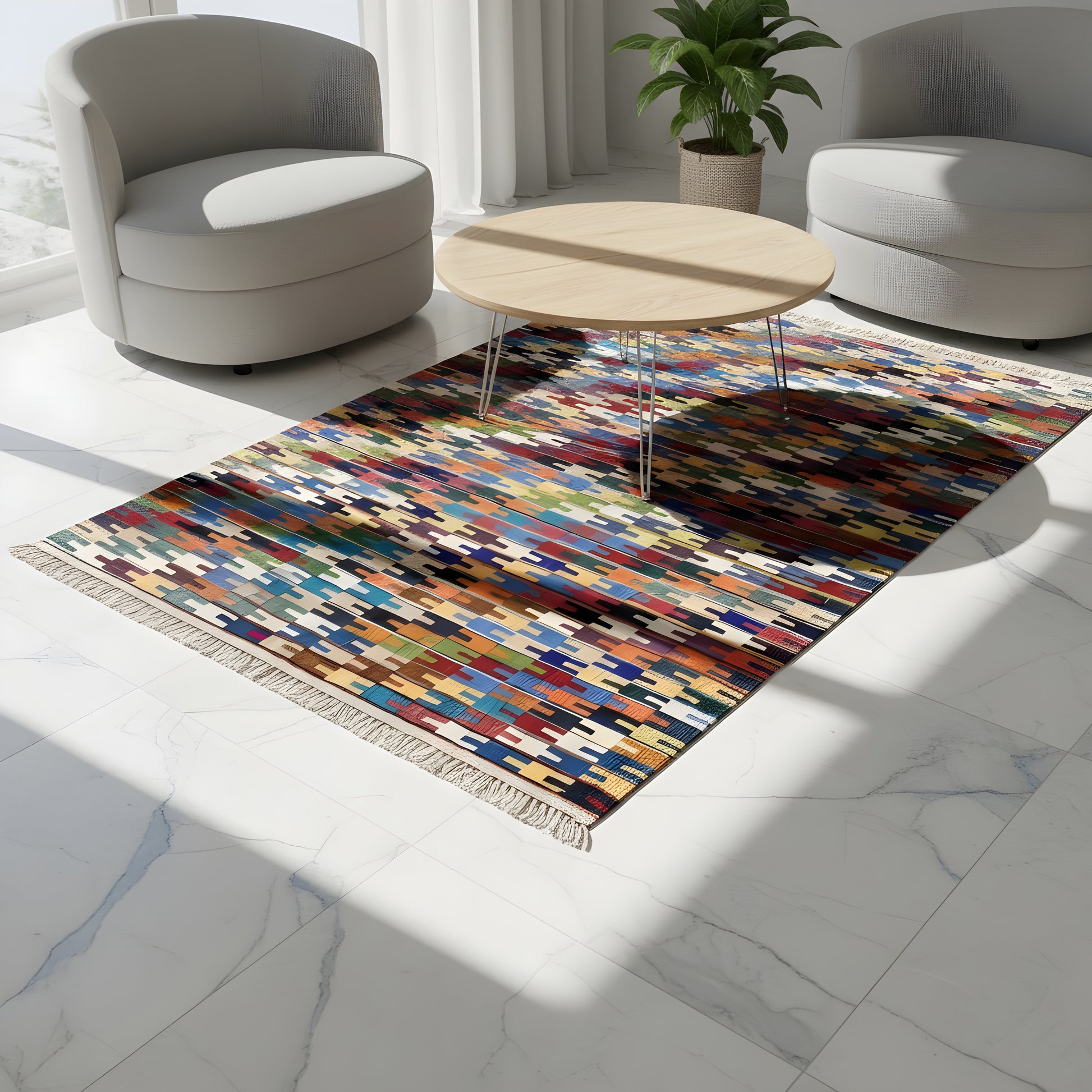 Wohnzimmer Qashqai Kelim Wollteppich aus Naturwolle mit farbigem Mosaik Design