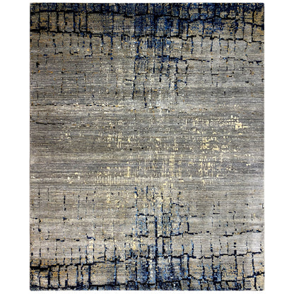 Handgeknüpfter Wollteppich in Grau und Blau mit abstraktem Muster