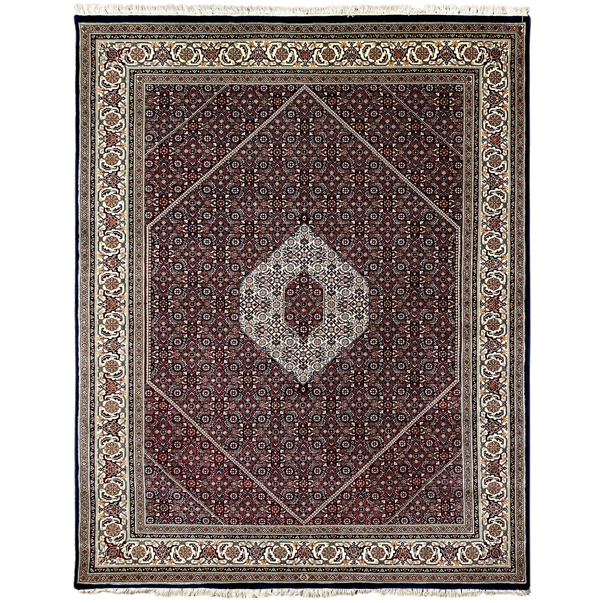 Handgeknüpfter Bidjar Teppich aus Wolle in Dunkelrot und Creme, 243x180 cm