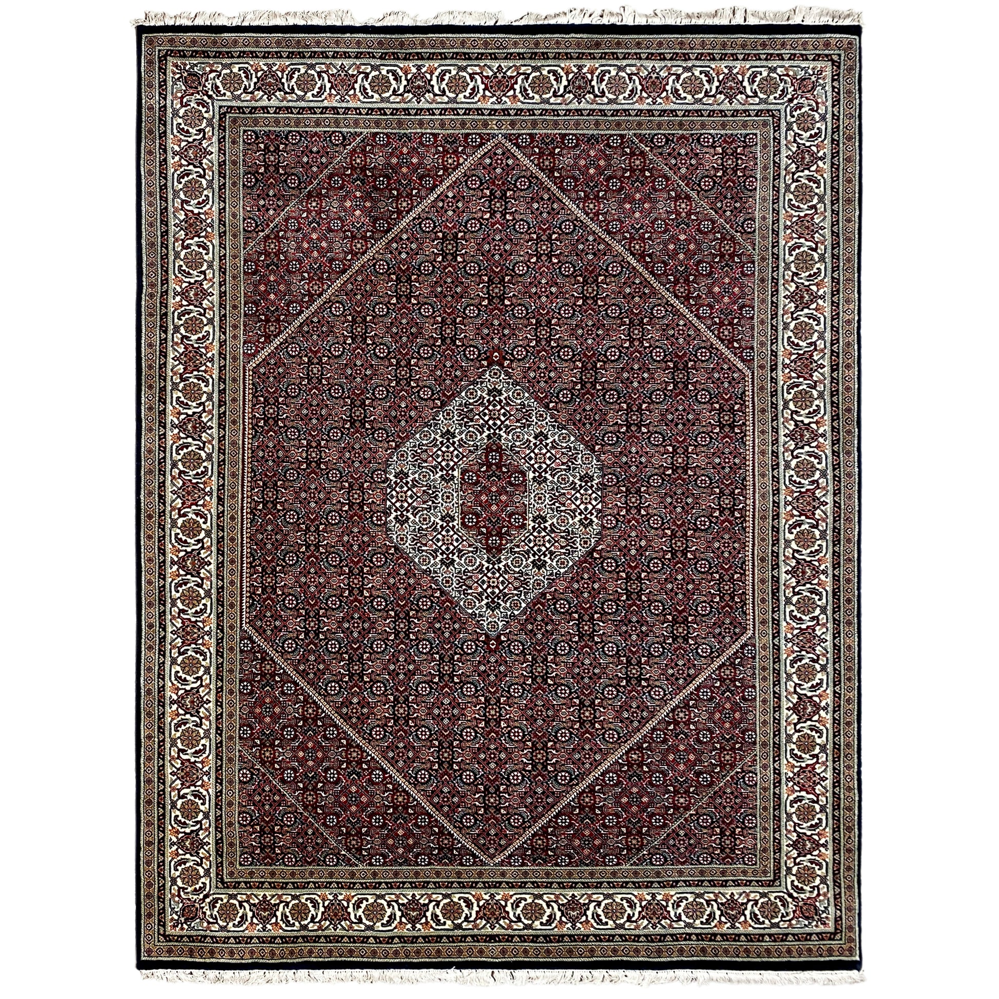 Handgeknüpfter Bidjar Teppich aus Wolle in Rot und Creme, 245x180 cm