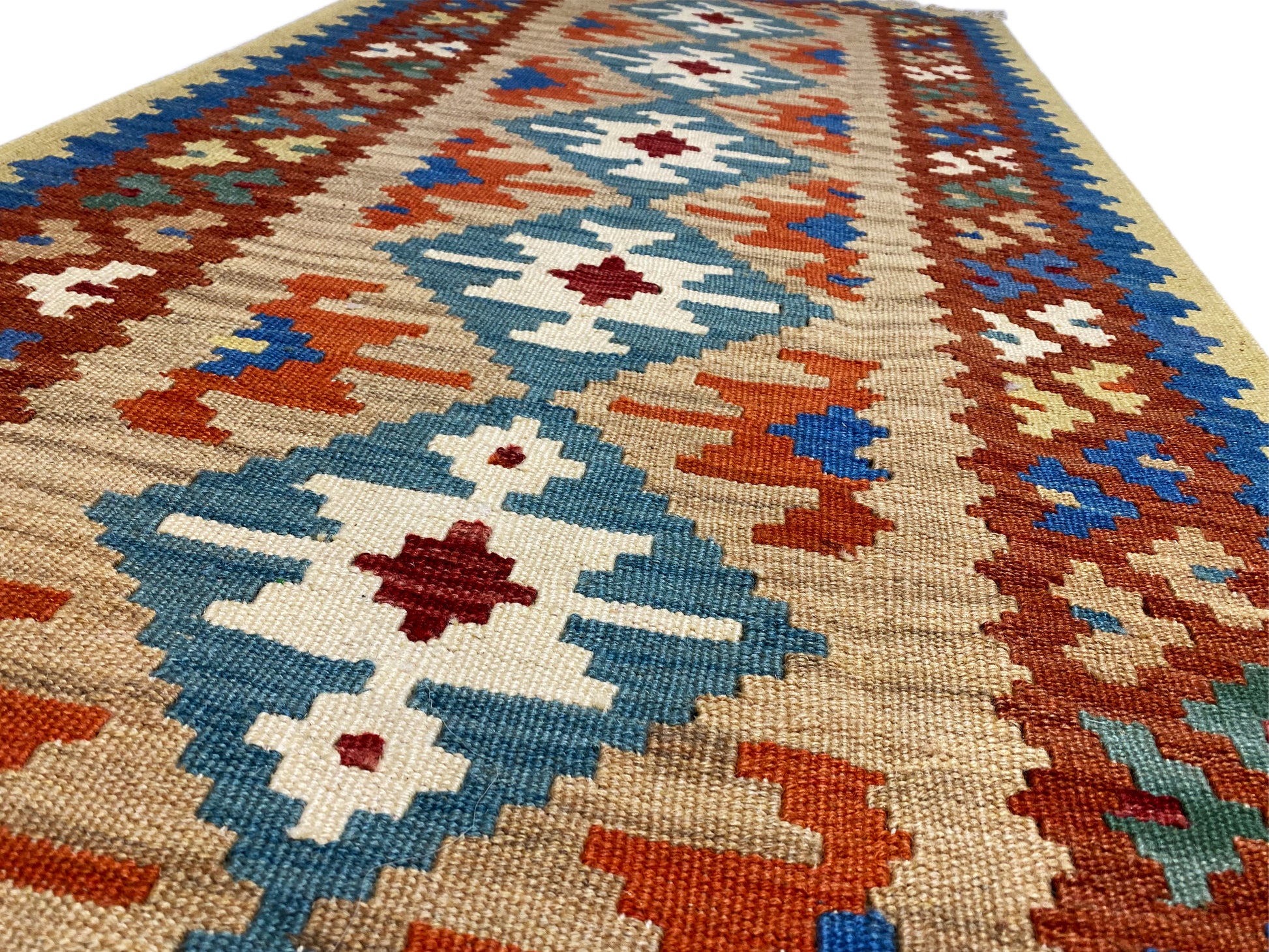 Kelim Teppich blau im Ethno Stil für Flur und Eingangsbereich