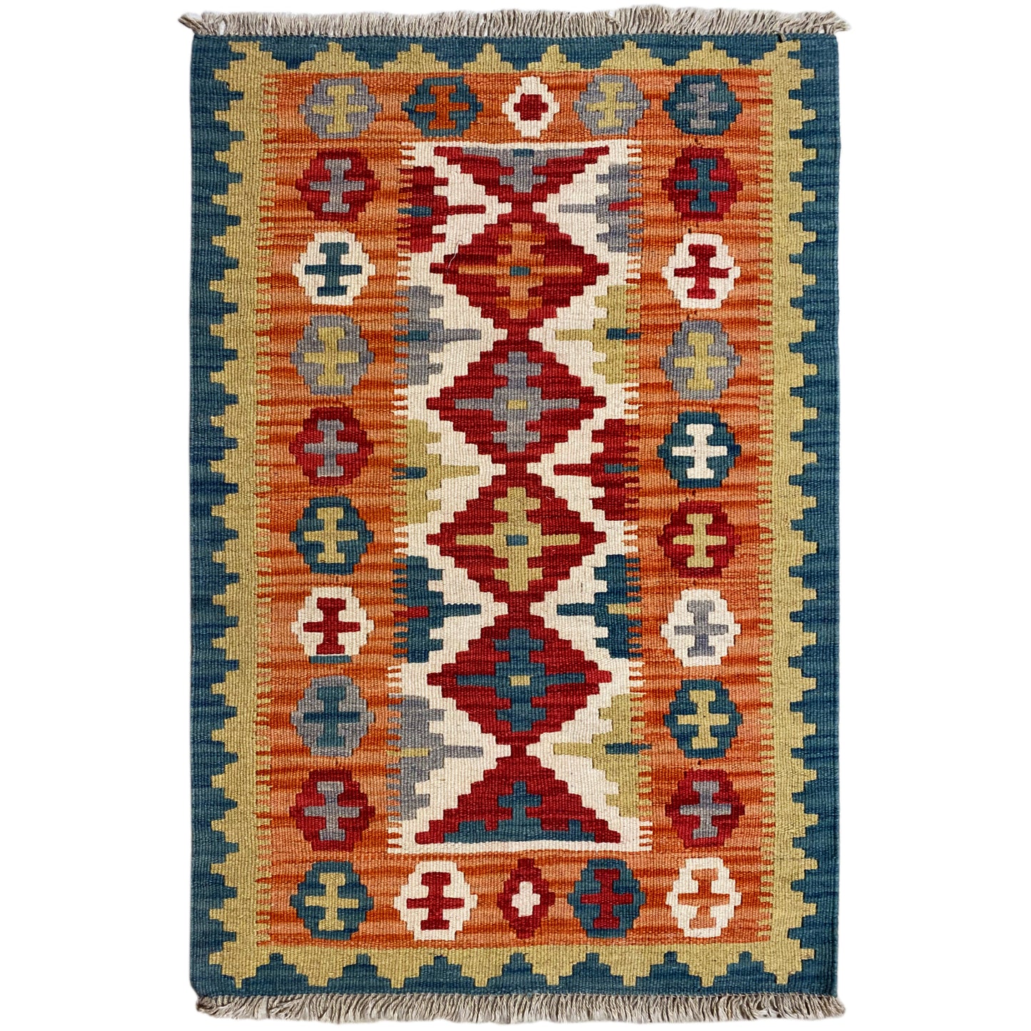 Handgewebter Qashqai Kelim Teppich in Blau Rot 120x80 cm aus Naturwolle