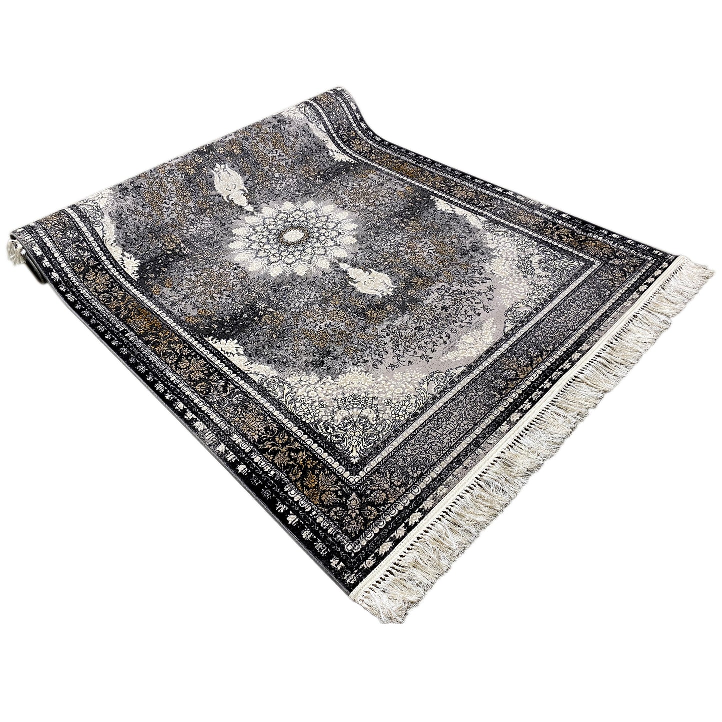 Strapazierfähiger maschinengewebter Teppich, klassisch orientalisches Design, neutrale Schwarz-Grau-Farbe, für große Räume.