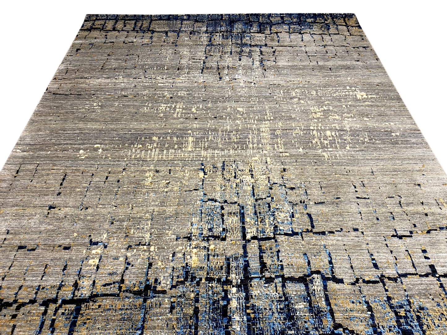 Abstrakter Wohnteppich in Grau-Blau für modernes Interieur