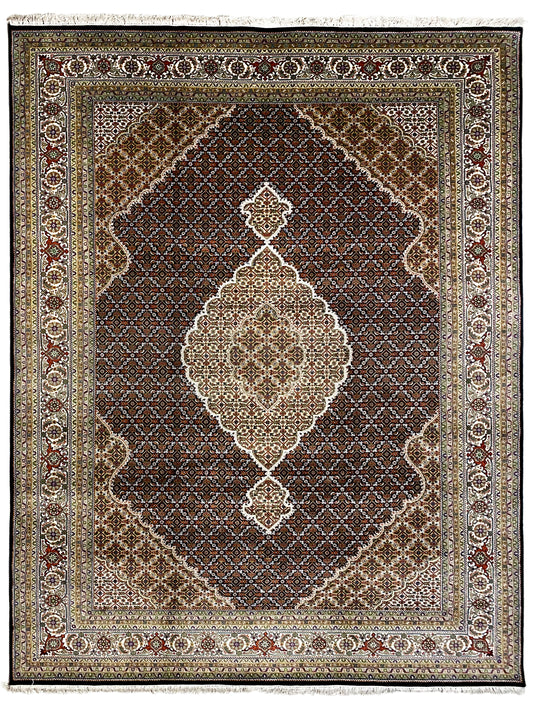 Indo Tabriz Teppich handgeknüpft aus Wolle und Seide in Braun Beige 353x242 cm