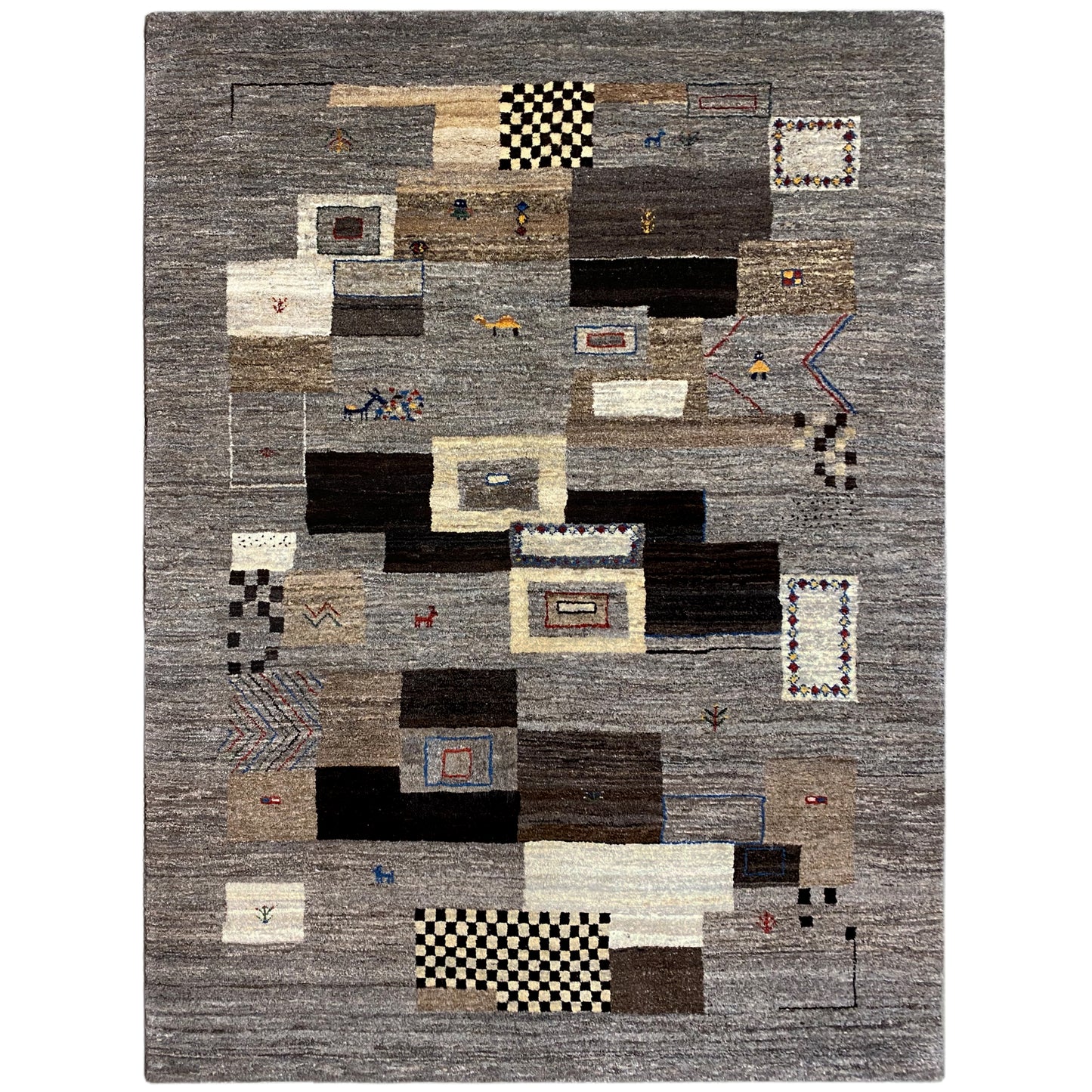 Grauer Gabbeh Wollteppich mit geometrischem Design