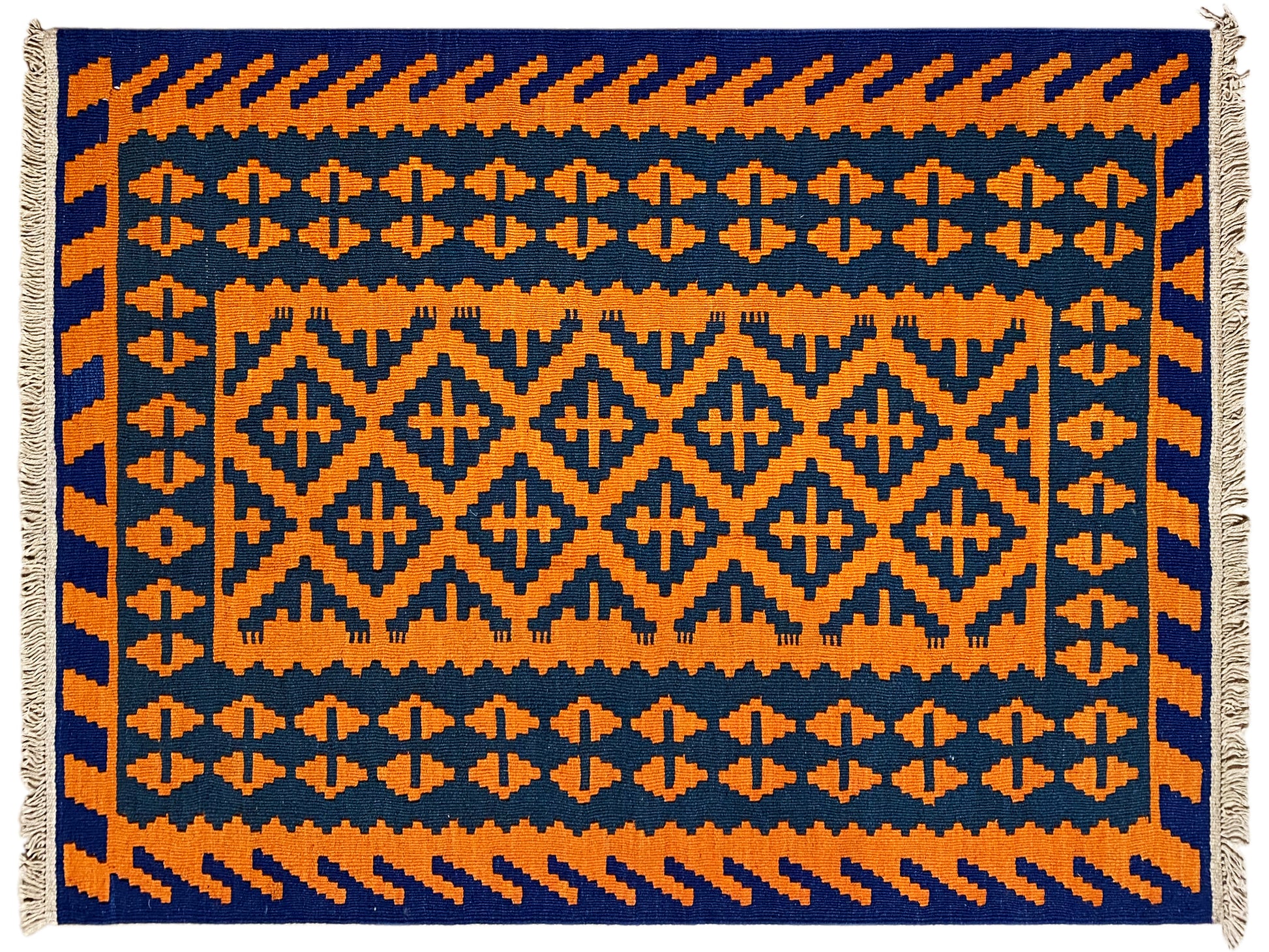 Handgewebter Kelim Teppich blau orange mit tribal Muster