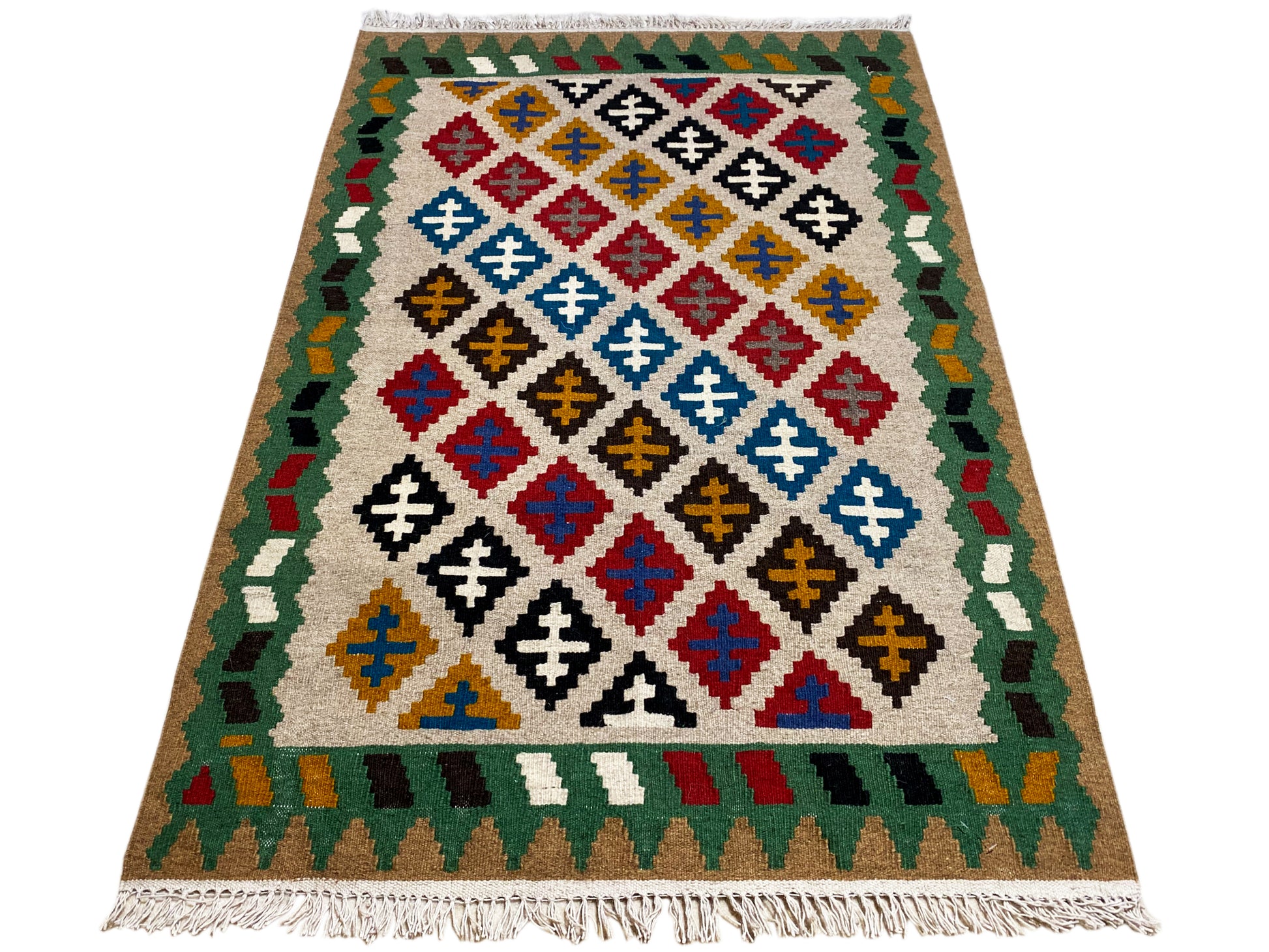 Ethno Kelim Teppich mehrfarbig mit grünem Rand 147x95 cm