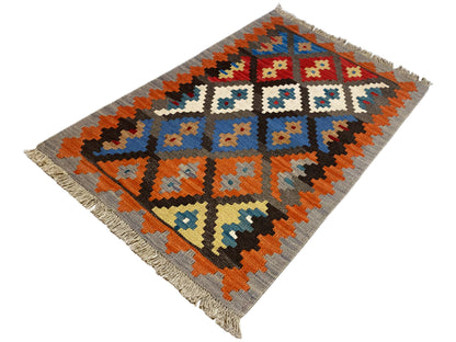 Ethno Kelim Teppich handgewebt, Rauten-Muster in Grau, Orange und Blau
