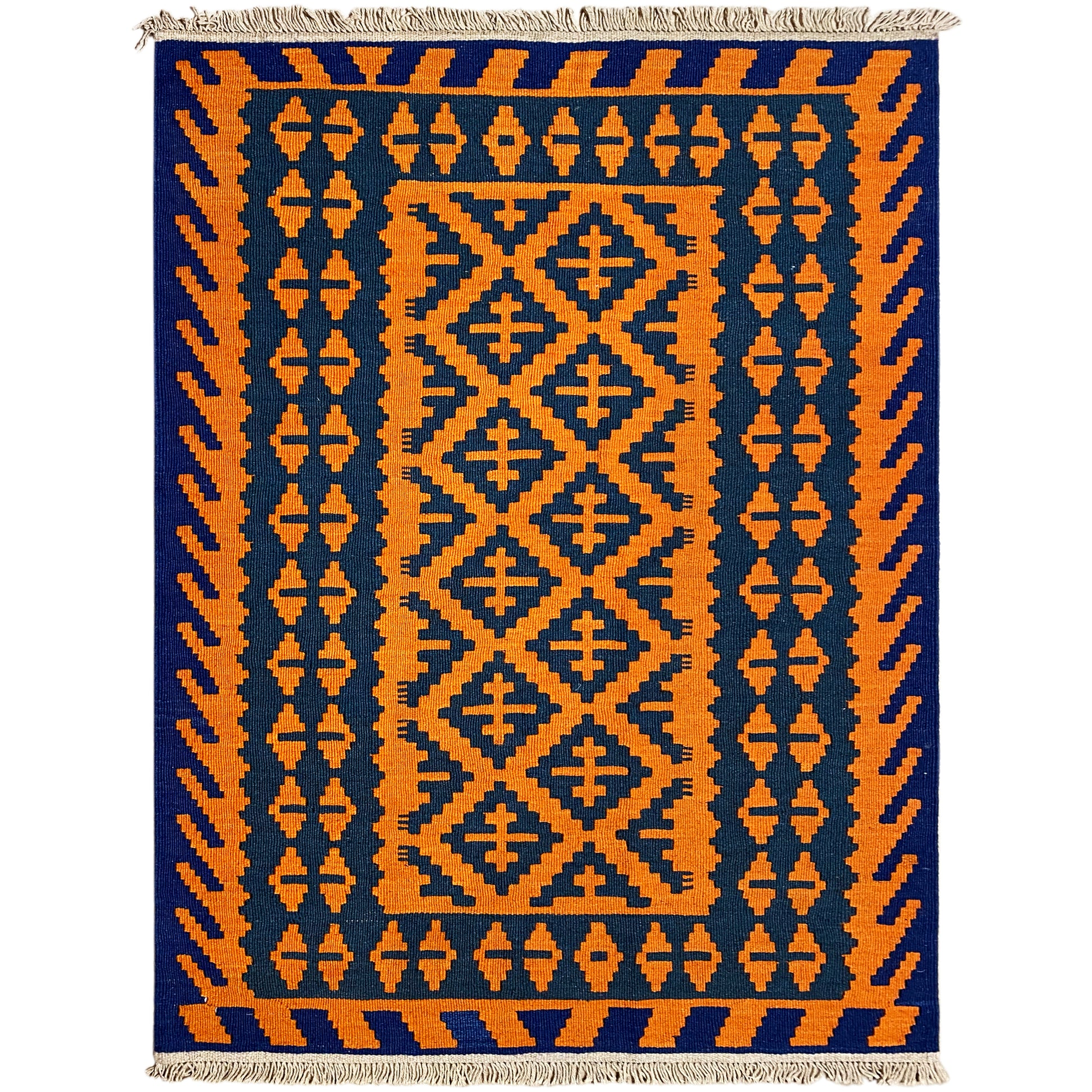 Handgewebter Kelim Qashqai Teppich in Blau und Orange mit Rautenmustern