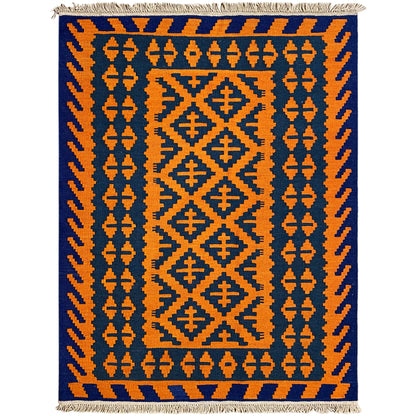 Handgewebter Kelim Qashqai Teppich in Blau und Orange mit Rautenmustern