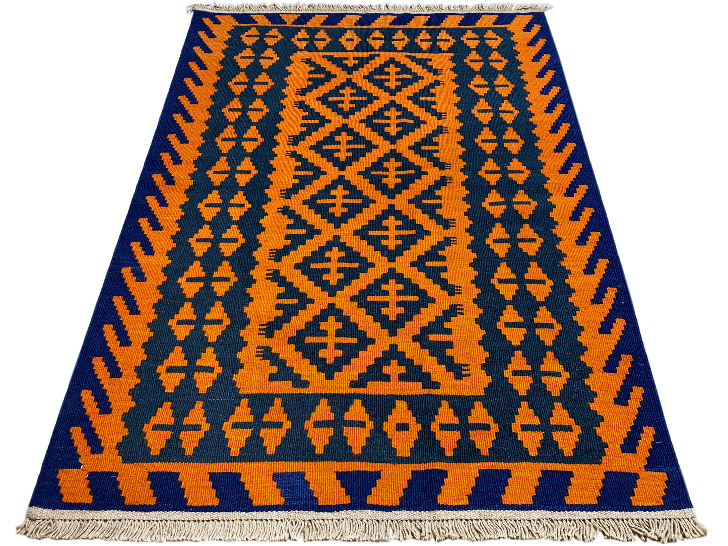 Geometrischer Kelim Teppich blau-orange im Boho Ethno Stil