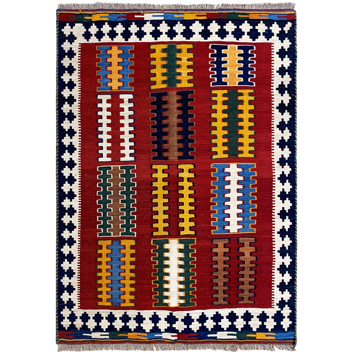 Handgewebter Qashqai Kelim Teppich Rot Blau 153x101 cm aus Naturwolle