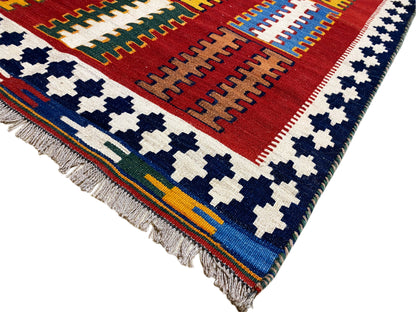 Boho Kelim Teppich handgewebt Rot mit bunten Ornament-Details