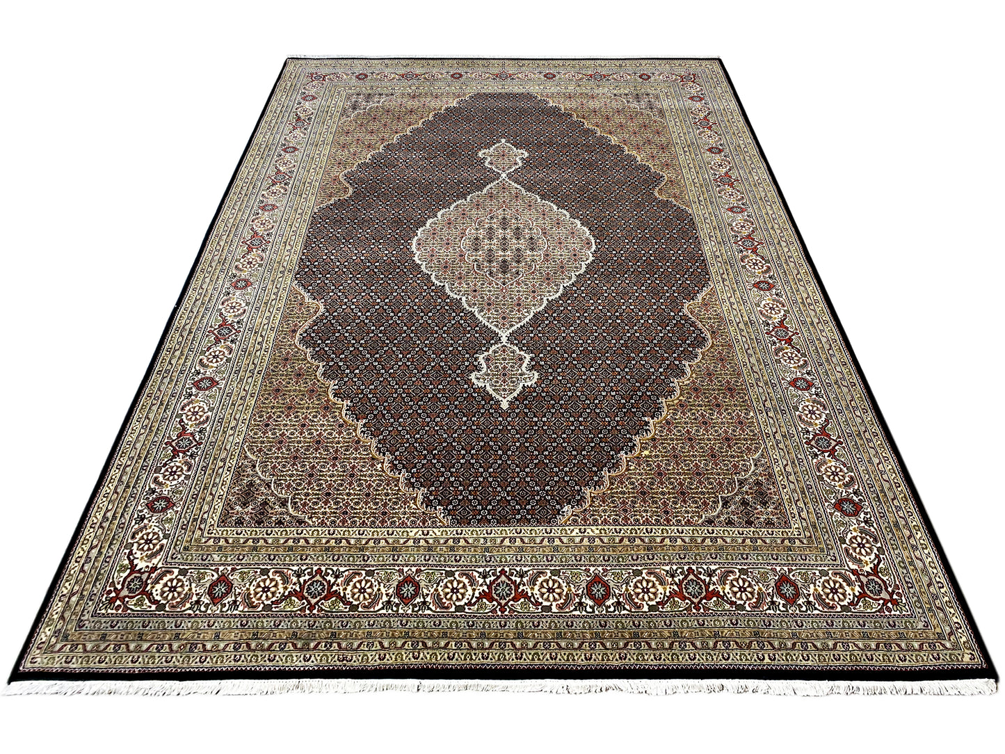 Handgeknüpfter Teppich Indo Tabriz aus Wolle Seide mit feinen floralen Ornamenten