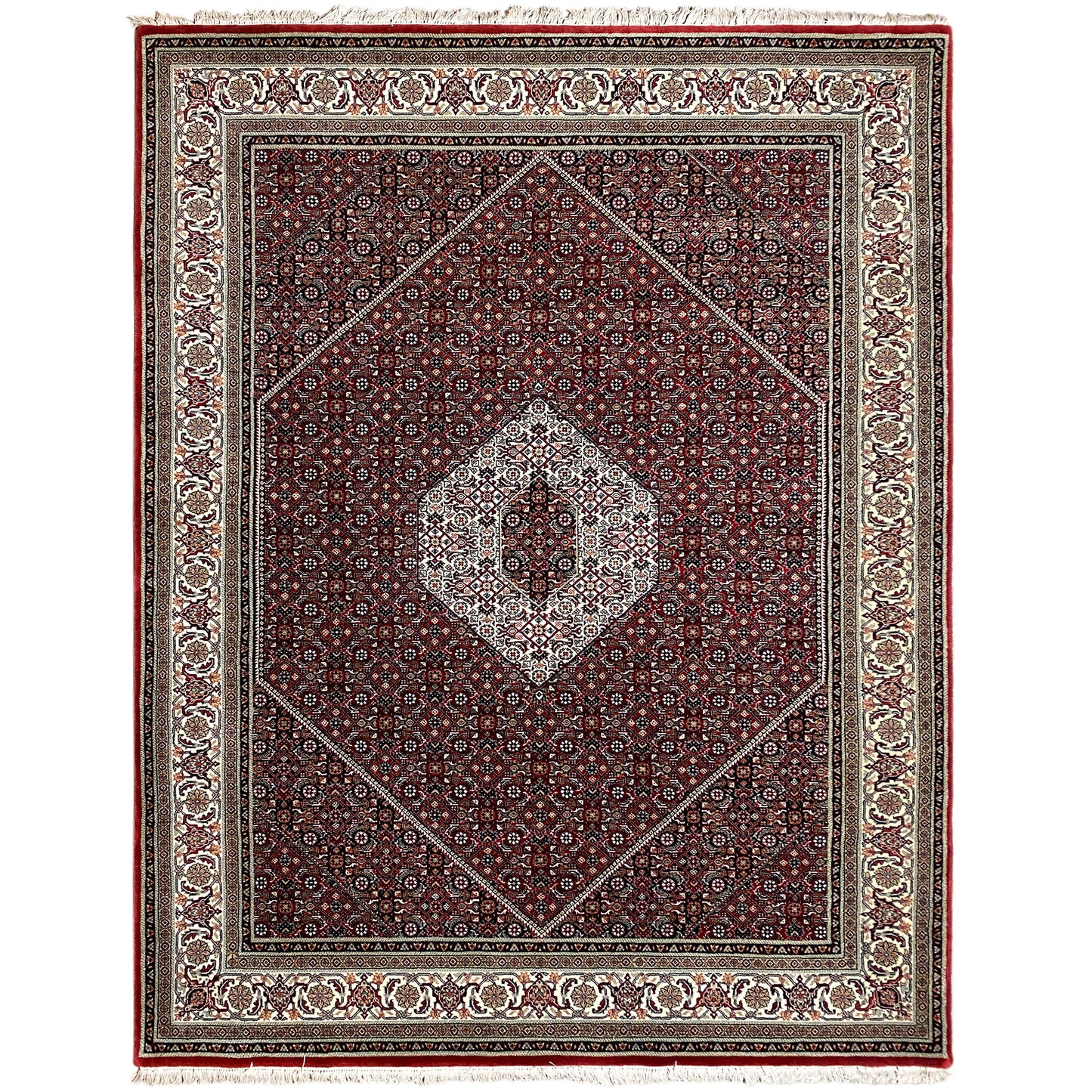 Handgeknüpfter Bidjar Teppich aus Wolle in Rot und Creme, 241x175 cm