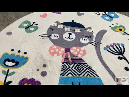円形子ども用ラグ 猫、ホワイト、100 cm