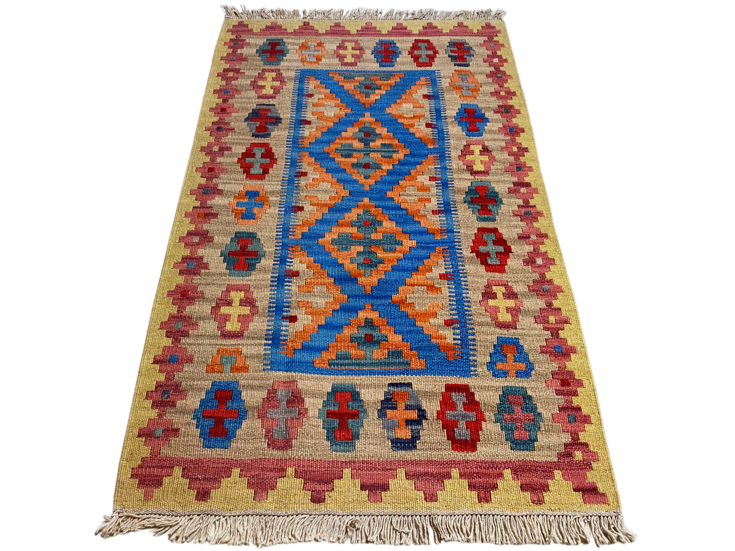 Boho Kelim Teppich 142x84 cm, handversponnene Wolle mit kräftigen Farben