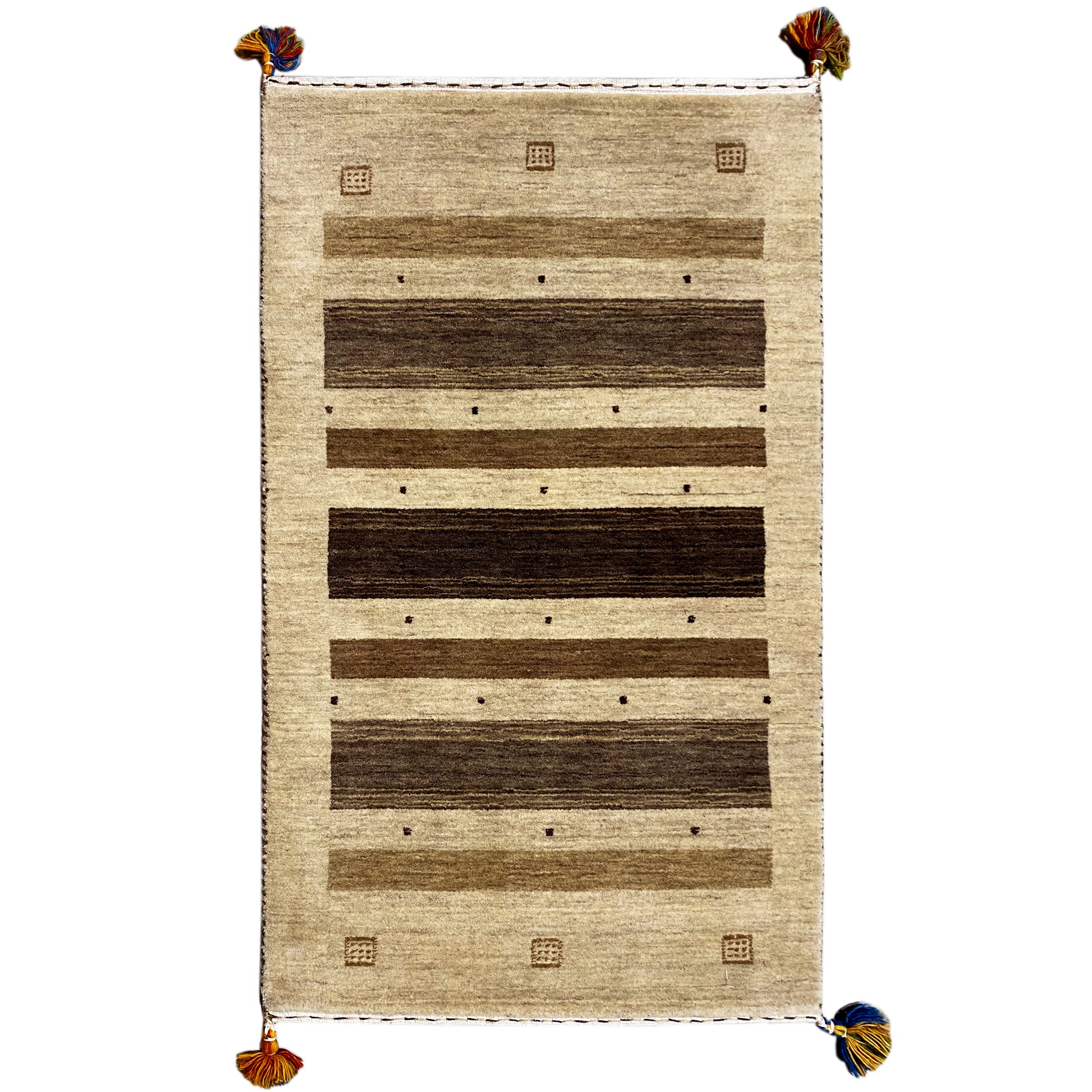 Handgewebter Wollteppich in Beige und Braun mit Streifenmuster